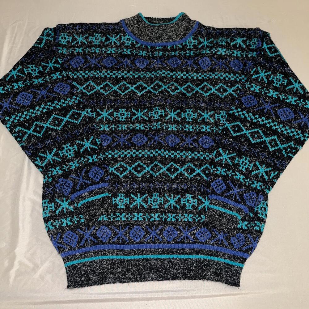 Vintage Santana Ltd. Men's Sweater Medium Blue Gray Turquoise 90s Fair Isle